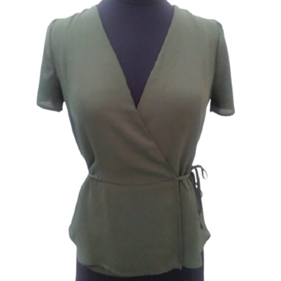 Lily White Wrap Style Sheer Polyester Career Blouse, Olive Green, Size XS - Picture 1 of 9